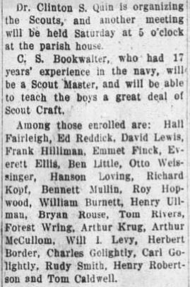  26 youth between the ages of 12 and 15, “pledged their support,” to the organization of Boy Scouts in Paducah, KY, according to the Paducah News-Democrat, which carried the story on the page 1 and 2 of the Friday, March 24, 1911.