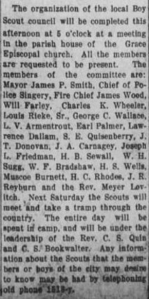Paducah Evening Sun, April 1, 1911, article showing the broad support for Boy Scouts in Paducah.