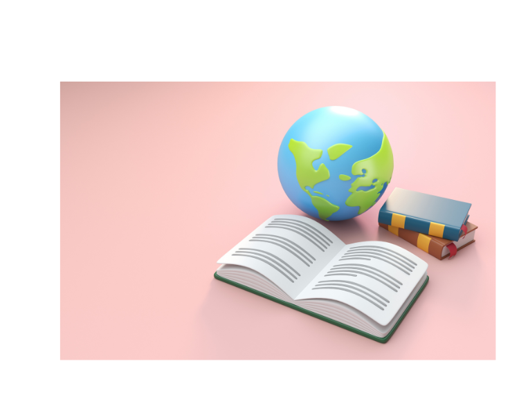 image of open book with a globe and stack books behind it with a pink background