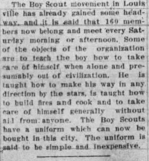 Article about the Boy Scouts in Louisville, KY, appearing in the Paducah Evening Sun, Wednesday, February 1, 1911, Page 8.