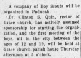 Front page article of the Paducah Evening Sun stating that Boy Scouts had been organized in Paducah, from Monday, March 20, 1911.