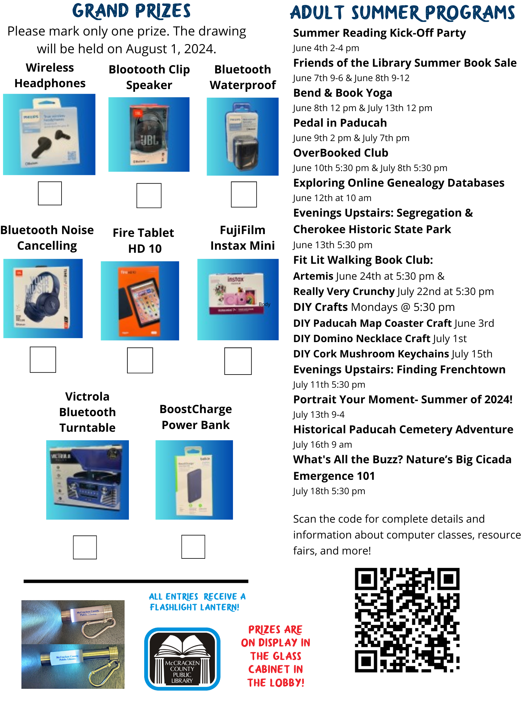 back of adult summer challenge form with prize options including a fire tablet, bluetooth speakers, an instax camera, and a bluetooth turntable.