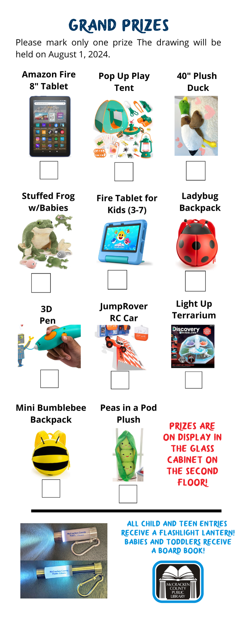 back of tracker sheet with grand prize options includng an amazon fire tablet and several cool toys.