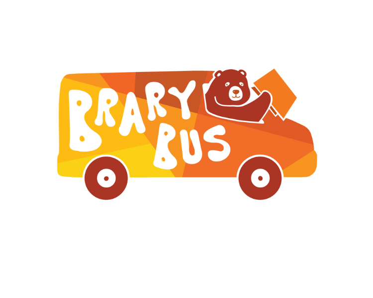 Yellow and orange bookmobile with Brary Bear driving