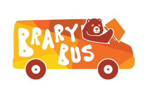 Logo of Brary Bus, the library bookmobile. Features an orange and yellow van with a bear holding a book.