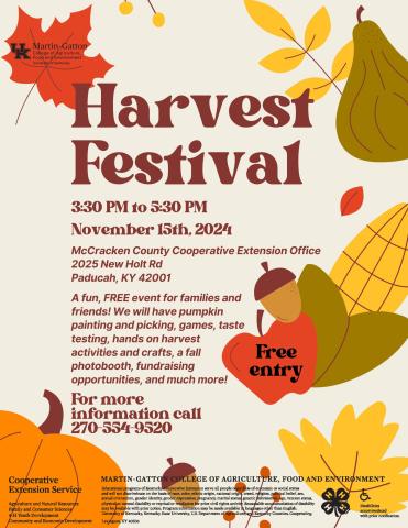 Harvest Festival at the Extension Office on November 11 from 3:30 to 5:30pm