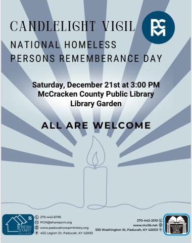 flyer for homeless remembrance vigil Saturday 12/21 at 3 pm in the library garden