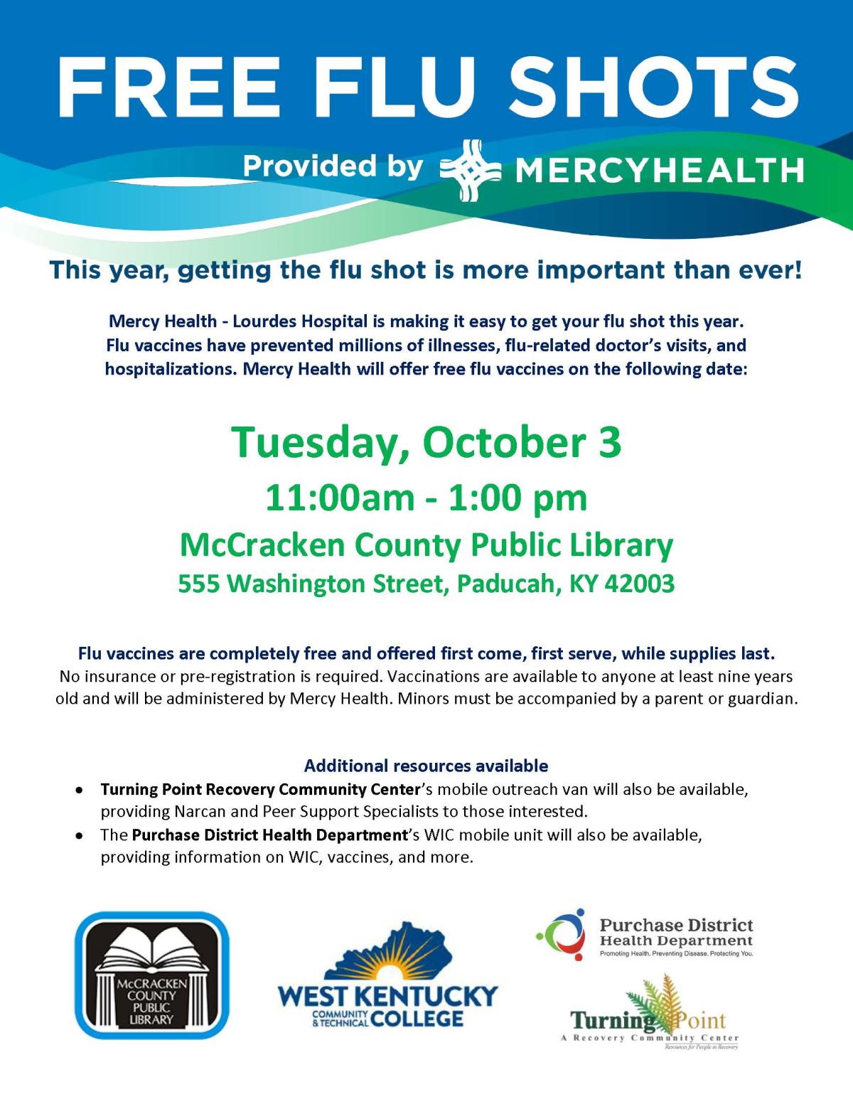 information about flu shot clinic at the Library Tuesday October 3 11-1 in the Parking lot. 