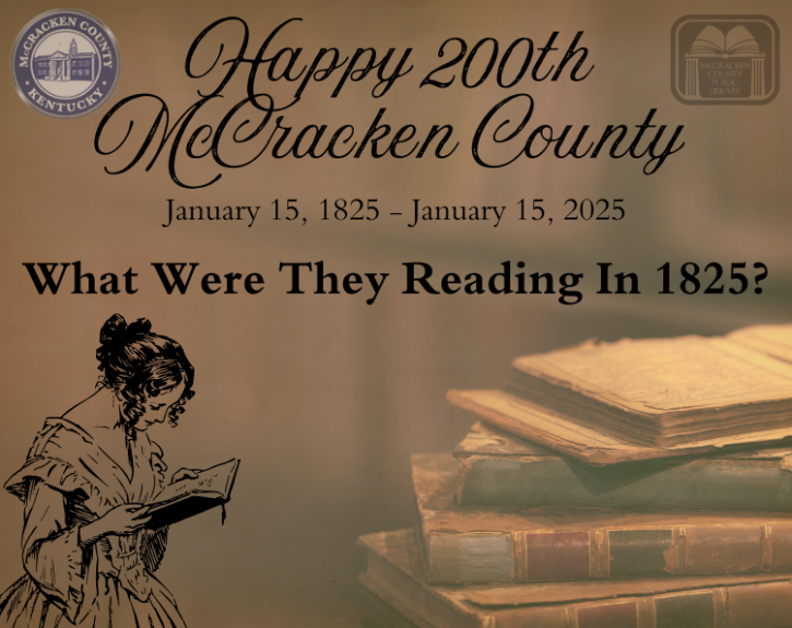 Happy 200th, McCracken County! Image of woman in old fashioned dress reading. 